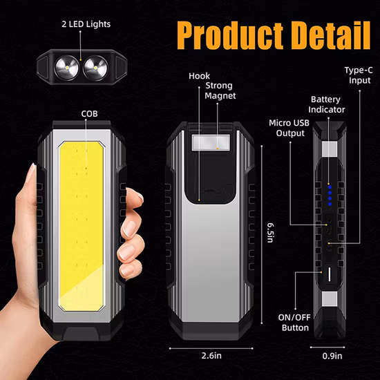 Super Bright USB Outdoor Camping Car Repair COB LED Luz de trabalho recarregável